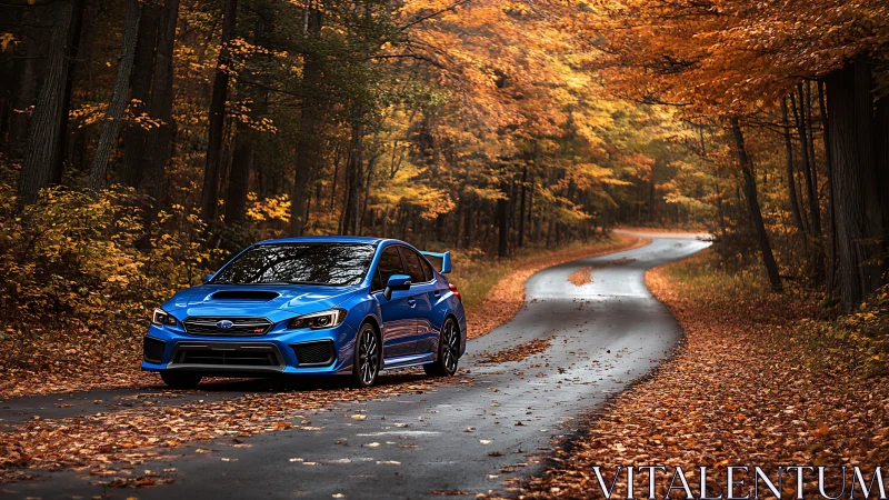 Electric blue performance sedan on winding autumn forest road.