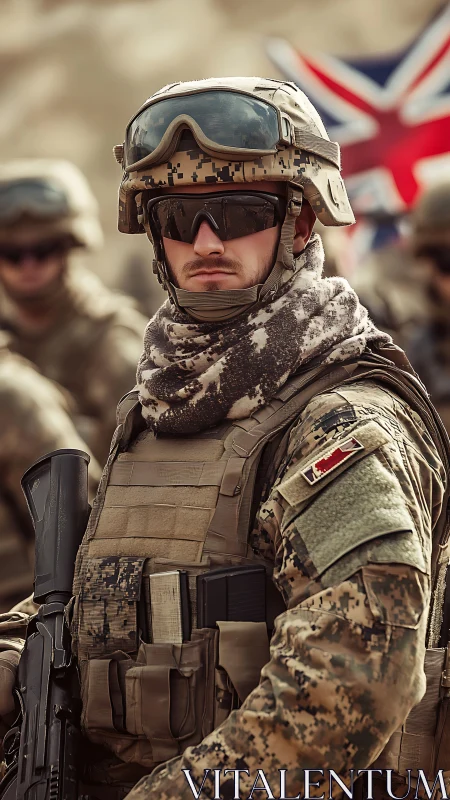 Desert-clad soldier stands firm before blurred battle flag.