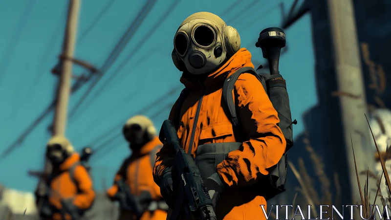 Orange-suited survivors stand watch in a tense urban wasteland
