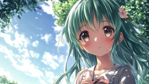 Green-haired anime girl under luminous summer sky