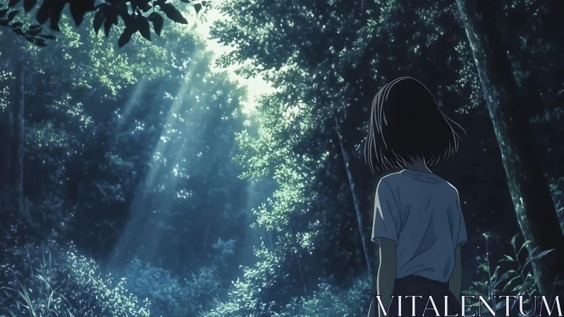 Backlit forest girl studies volumetric light shafts in silence