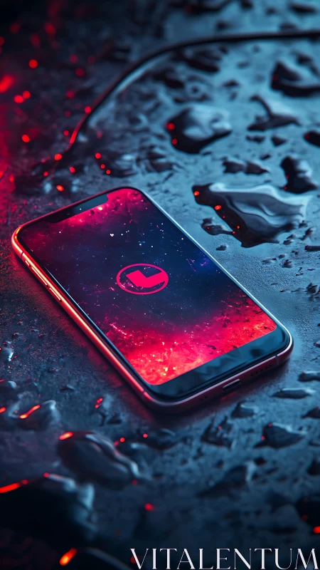 Neon smartphone render on wet surface with cosmic UI glow.