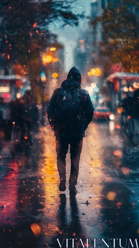 Solitary hooded figure on neon-lit rainy city street at dusk.