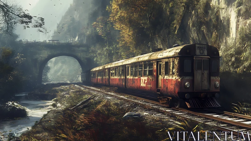 Derelict red railcar in misted ravine under stone viaduct.