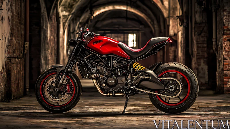 Red custom sport motorcycle in gritty urban warehouse.