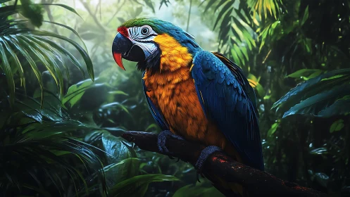Vibrant Blue and Gold Macaw in Lush Rainforest, Photorealistic Style.