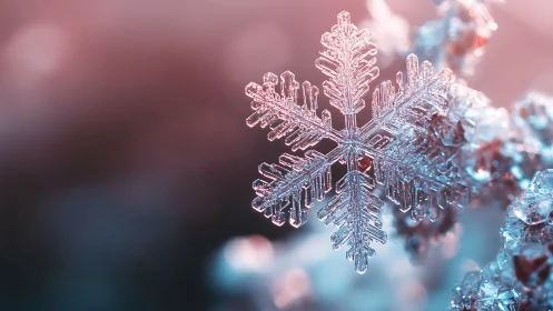 Macro crystalline snowflake under shallow depth-of-field optics.
