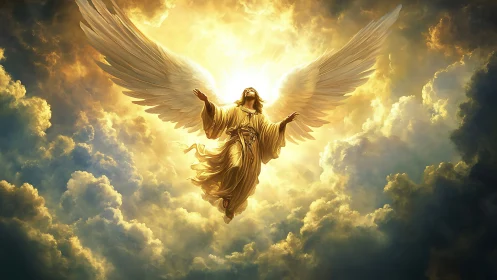 Radiant golden angel ascending through luminous heavens.