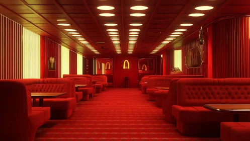 Retro red fast-food lounge with cinematic booth lighting.