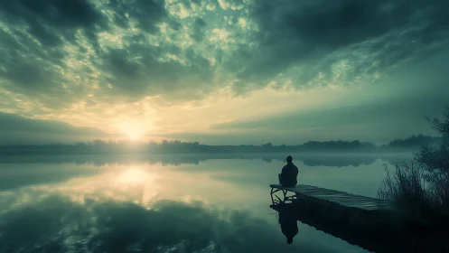 Solitary figure on misty lakeside jetty at ethereal sunrise