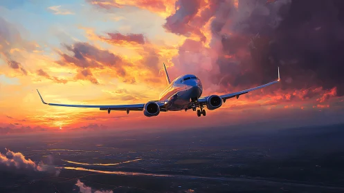 Sunset flight gliding gently through glowing evening clouds.