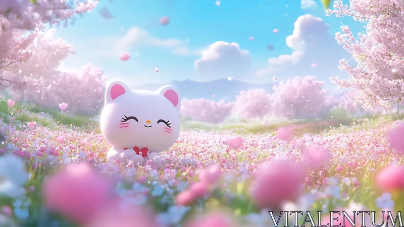 Kawaii white cat mascot in luminous pastel blossom meadow.