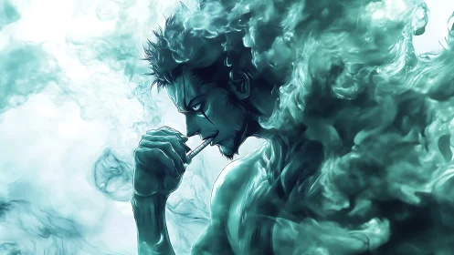 Brooding anime warrior dissolves into teal spectral smoke.