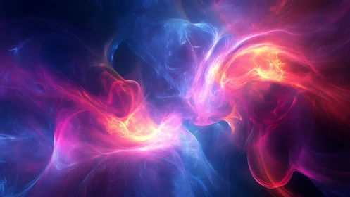 Colored plasma-like light forms intersect within a dark field