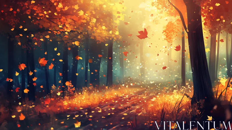 Autumn Forest Path Illuminated by Golden Falling Leaves.