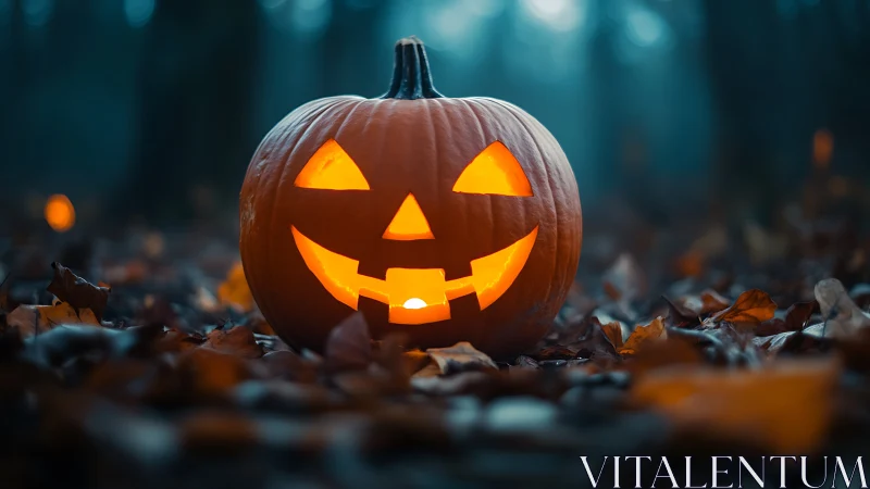 Illuminated carved pumpkin on forest floor at dusk.