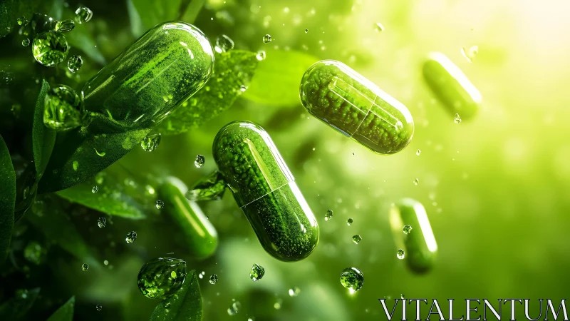 Green Herbal Capsules in Nature, Vibrant and Fresh Concept Art.