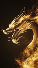 Fiery golden dragon coils in darkness and breathes light.