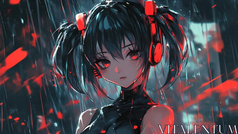 Girl with red headphones stands in stylized digital rain