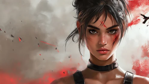 Digital painting portrait of battle-scarred heroine, frontal focus.