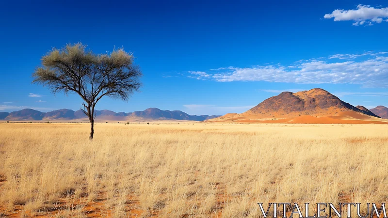 Isolated acacia tree anchors arid grassland before desert ridge