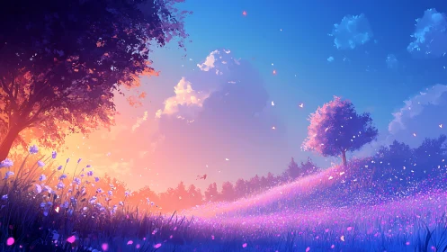 Twilight meadow dreams in glowing violet and peach skies.