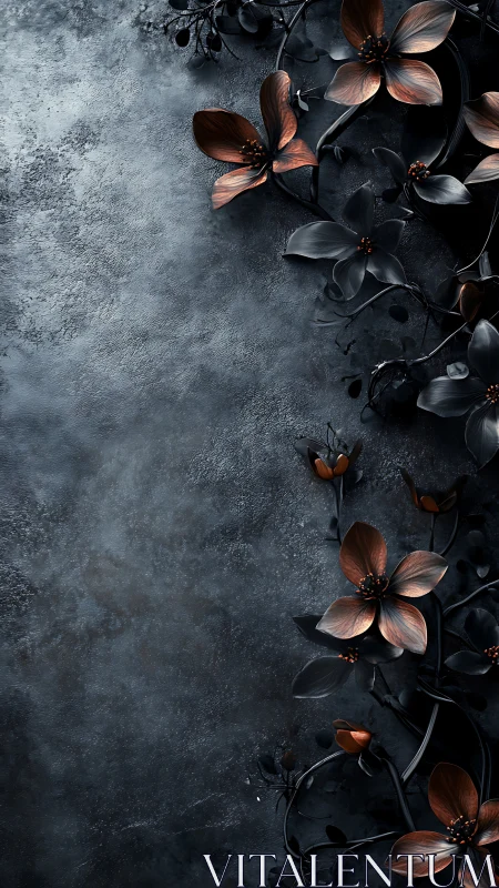 Copper and Black Flowers on Dark Textured Surface