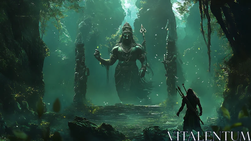 Warrior confronts colossal jungle deity in emerald mist