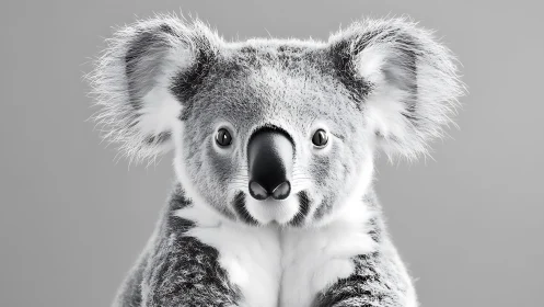 Soft-eared koala stares calmly into a silvery studio hush