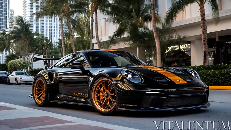 Black sports coupe with orange accents is parked streetside