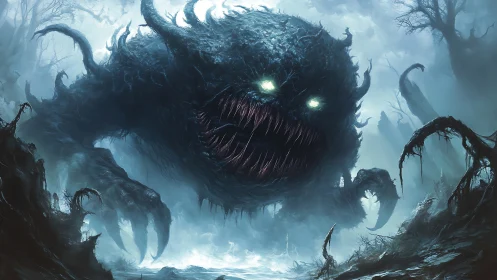 Massive glowing-eyed shadow monster in misty swamp.