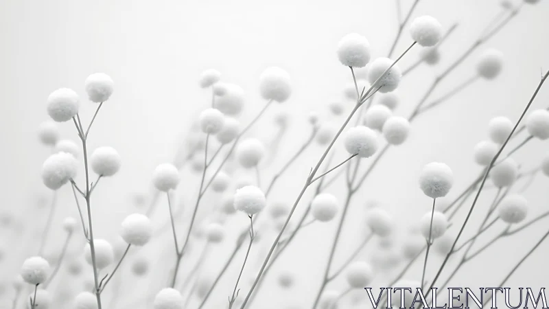 White spherical blossoms align along thin stems in foggy light
