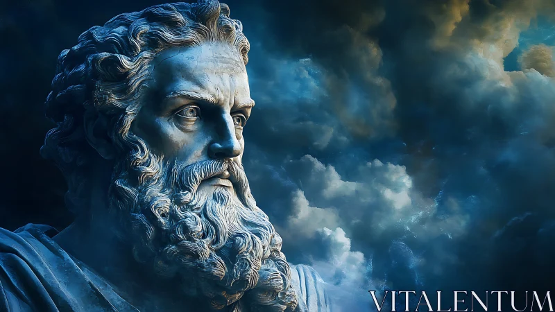 Marble bearded deity gazes over swirling storm clouds