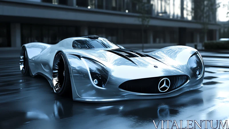 Hydrodynamic Mercedes concept hypercar on wet urban asphalt.