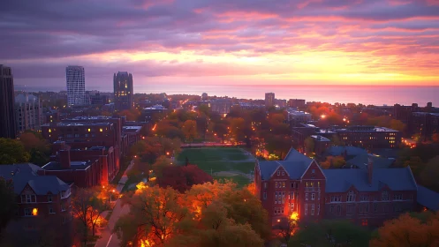 Sunrise pours warm light over a tranquil autumn campus skyline