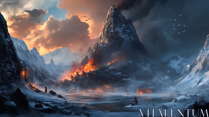 Burning mountain fortress ignites frozen valley battleground