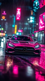 Neon-soaked Mercedes supercar in high-gloss cyberpunk rainscape.