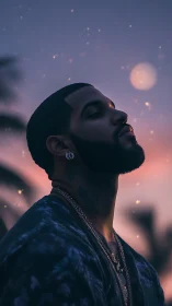 Profile portrait of a bearded man against dusk sky background