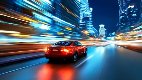 Scarlet coupe streaks through neon-lit city velocity dreamscape.