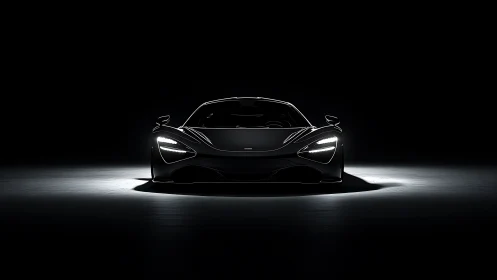 Sleek black supercar emerges from darkness in dramatic light