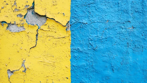 Weathered yellow and blue wall texture with peeling paint detail.