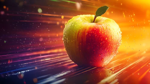 Glowing dewy apple floats in streaking neon light storm.