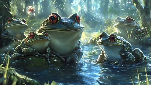 Emerald forest frogs gather in luminous blue wetland