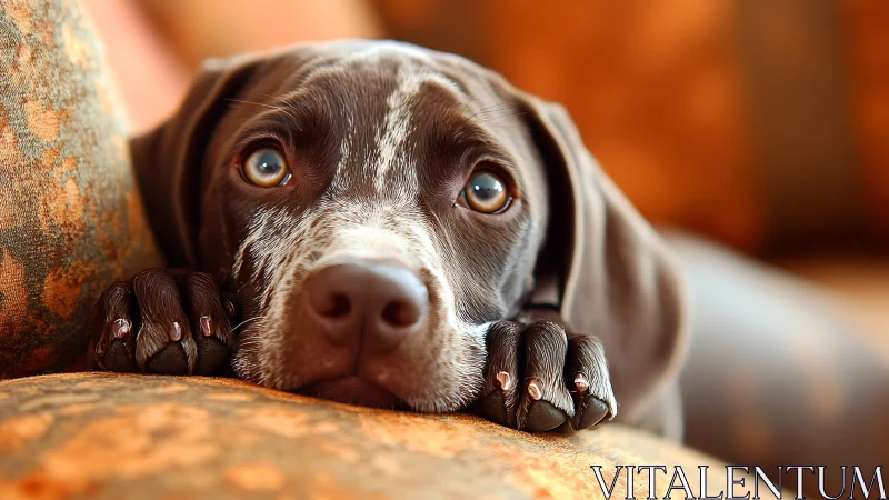 Brown puppy rests on a warm sofa in soft evening light