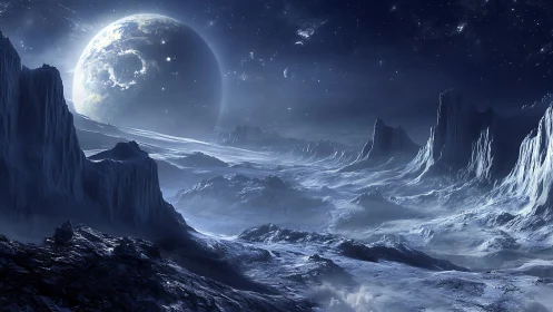 Frozen extraterrestrial landscape under large visible planet.