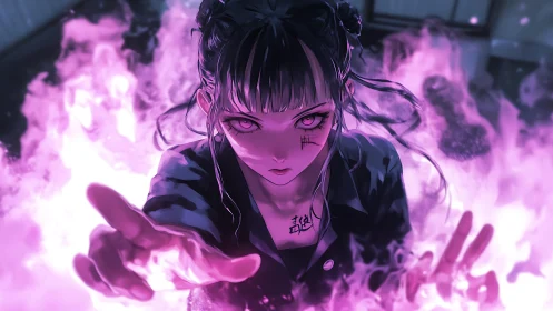 Arcane pyrokinetic conjurer framed in neon magenta plasma.