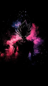 Energetic anime warrior emerges from cosmic neon shadows.