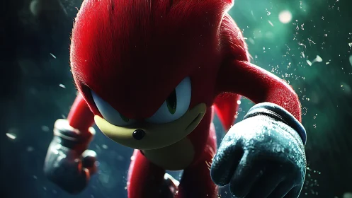 Cinematic 3D render of red anthropomorphic runner in motion.