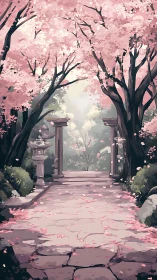 Stone garden path extends under dense pink blossom canopy