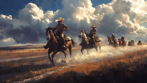 Cowboys charge across a dusty plain under stormlit skies
